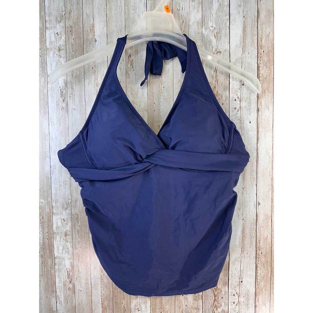 Athleta Womens Swim Tankini Sz 34D Navy Halter Ruched Side Tie‎ Neck Knotted